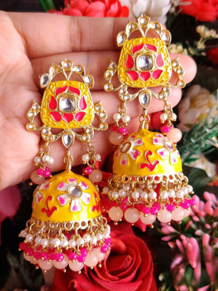 TAARAA YELLOW-PINK LONG JHUMKAS