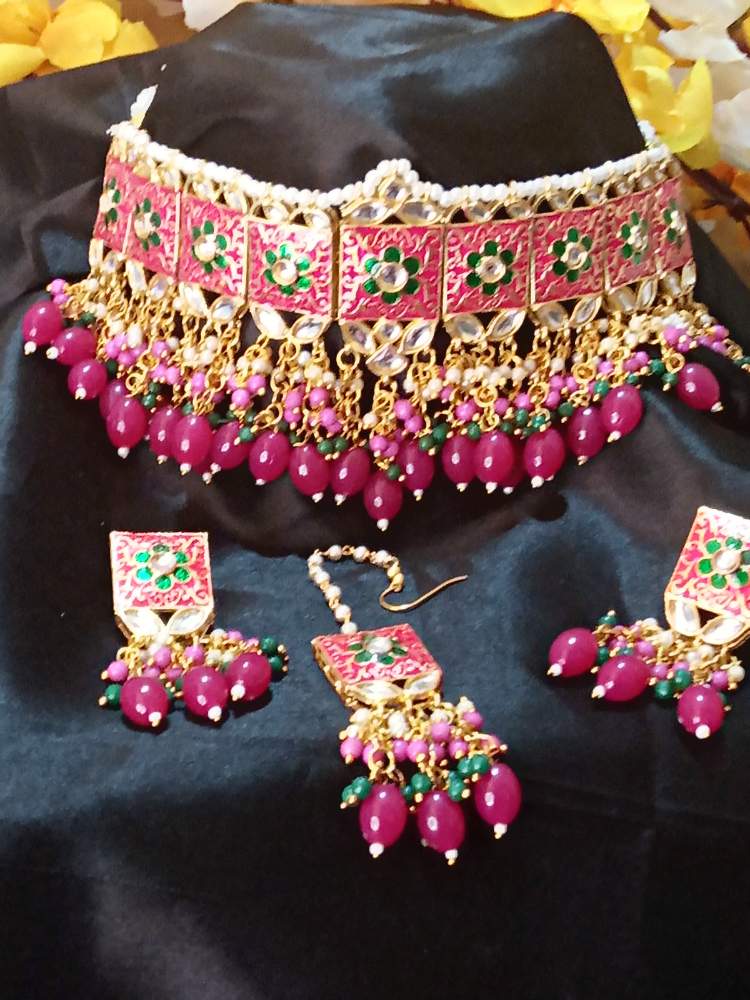CZ Diamonds Necklace Earrings Set Rose, Pink Blue